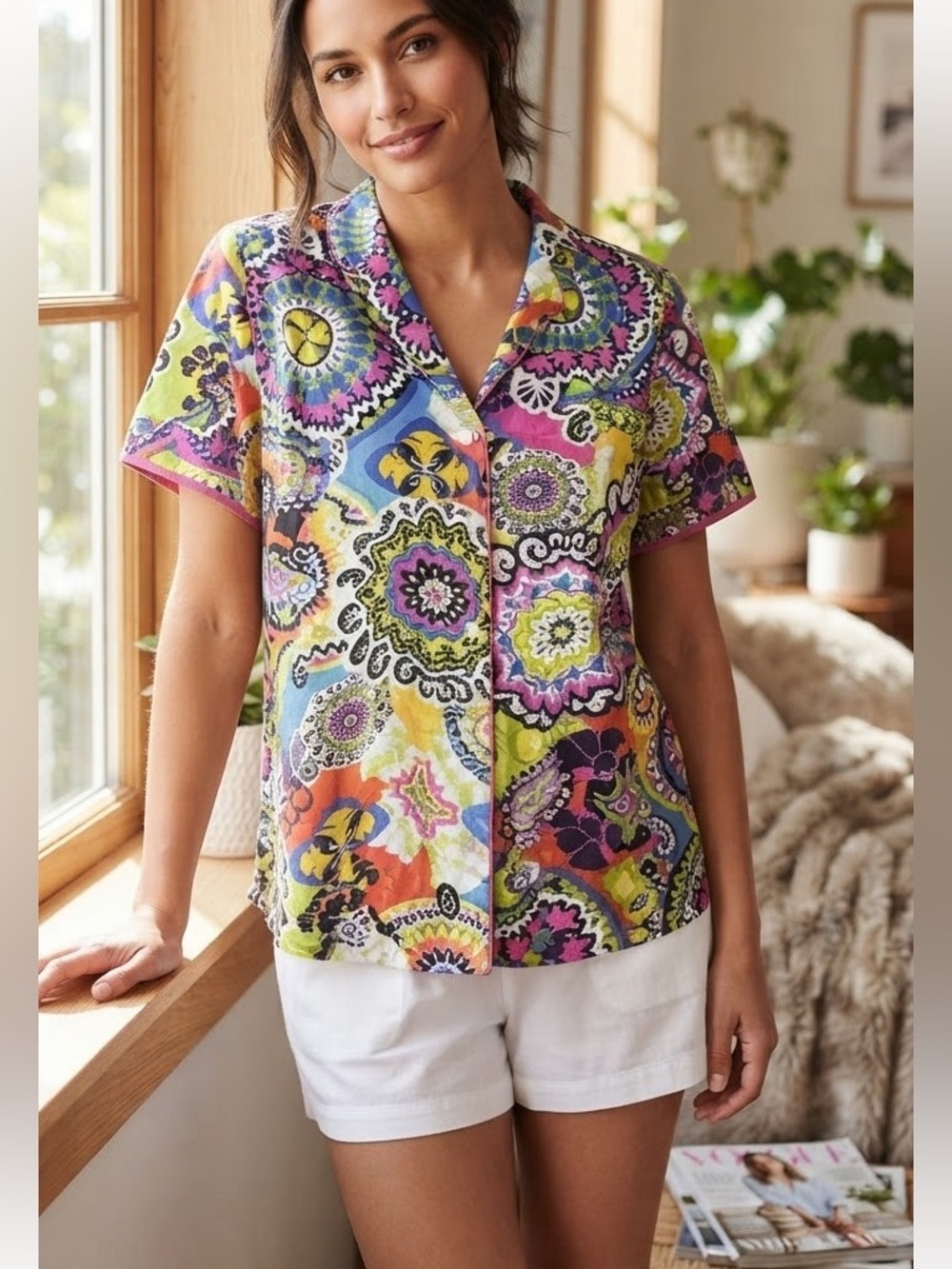 Vera Bradley Button Front Short Sleeve Pajama Top Sz XL Paisley Floral Rio Cotto